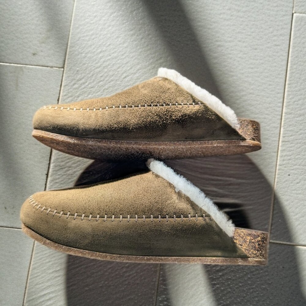Jenni Kayne Shearling Moc Clog Suede Cork Sole 37 Khaki Olive